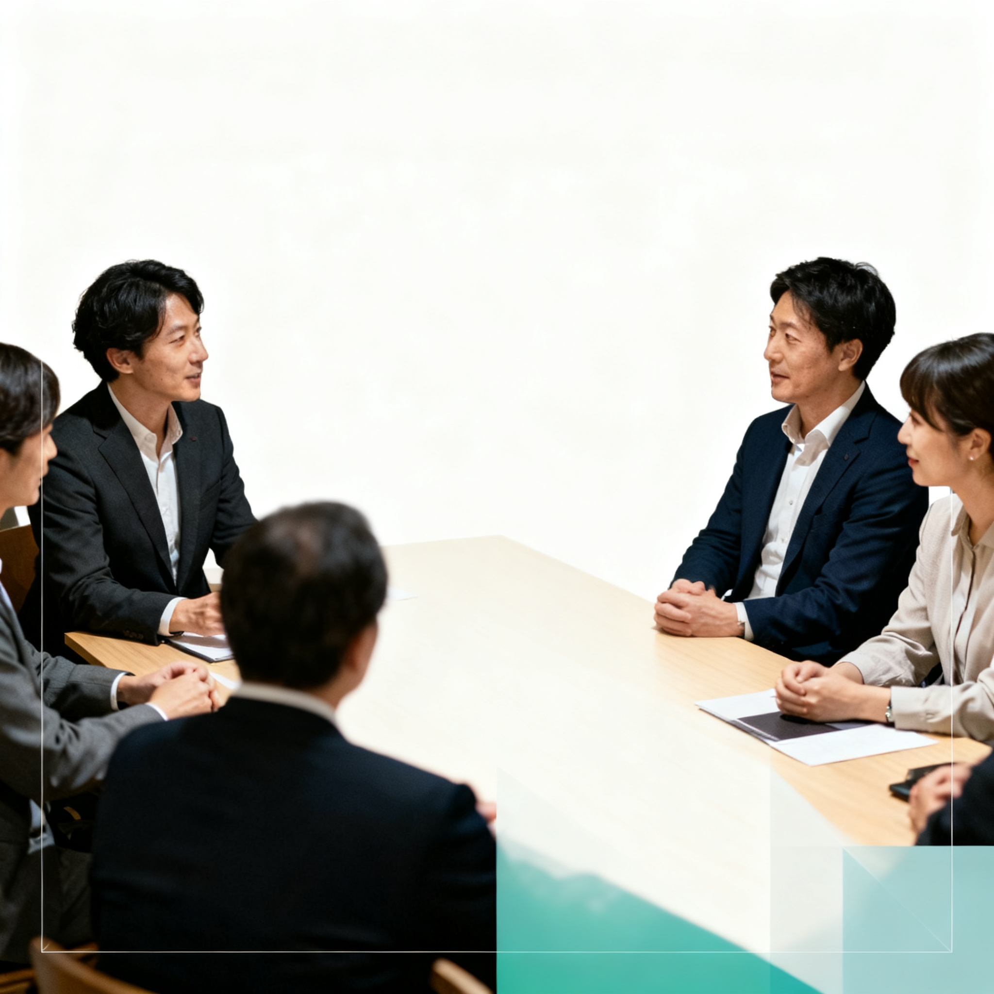 会議テーブルを囲み議論する経営チーム